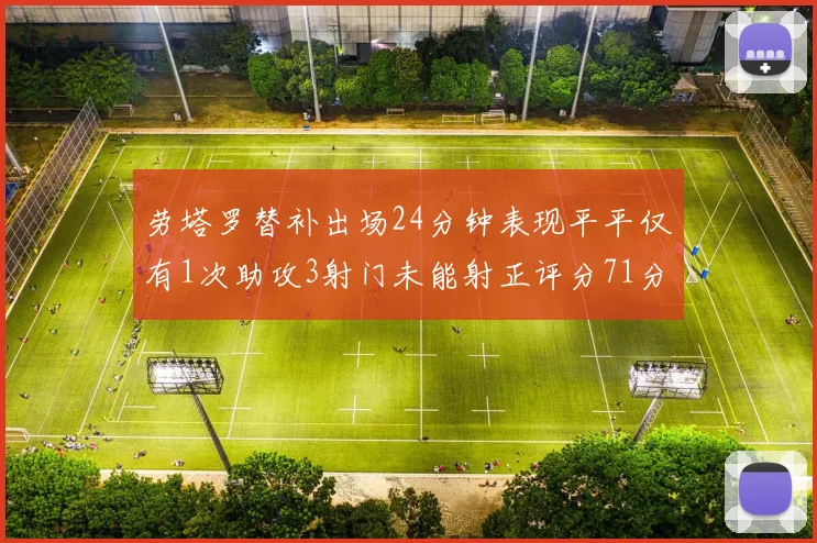 劳塔罗替补出场24分钟表现平平仅有1次助攻3射门未能射正评分71分
